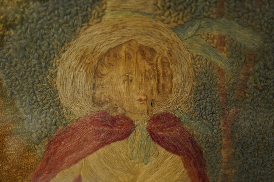 A Regency pictorial silk work embroidery with verre eglomise glass and an 18th century dutch peasant scene coloured print, largest 49cm wide x 42cm high. Condition - both poor
